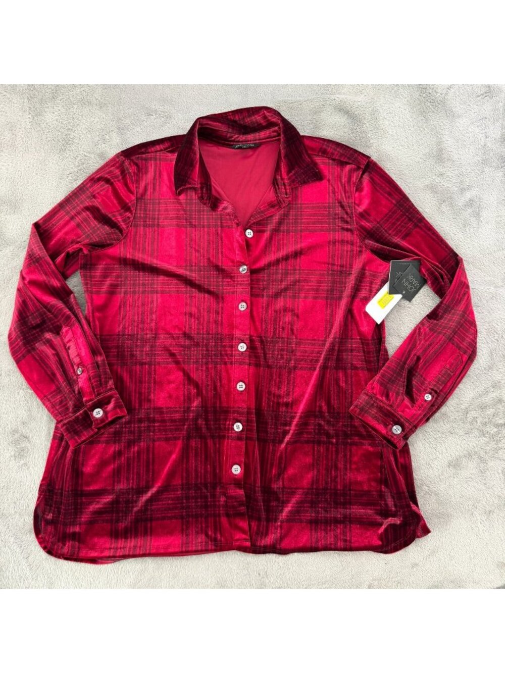 NWT John Mark Red Velvet Plaid Long Sleeve Shirt Blouse XL Button Up